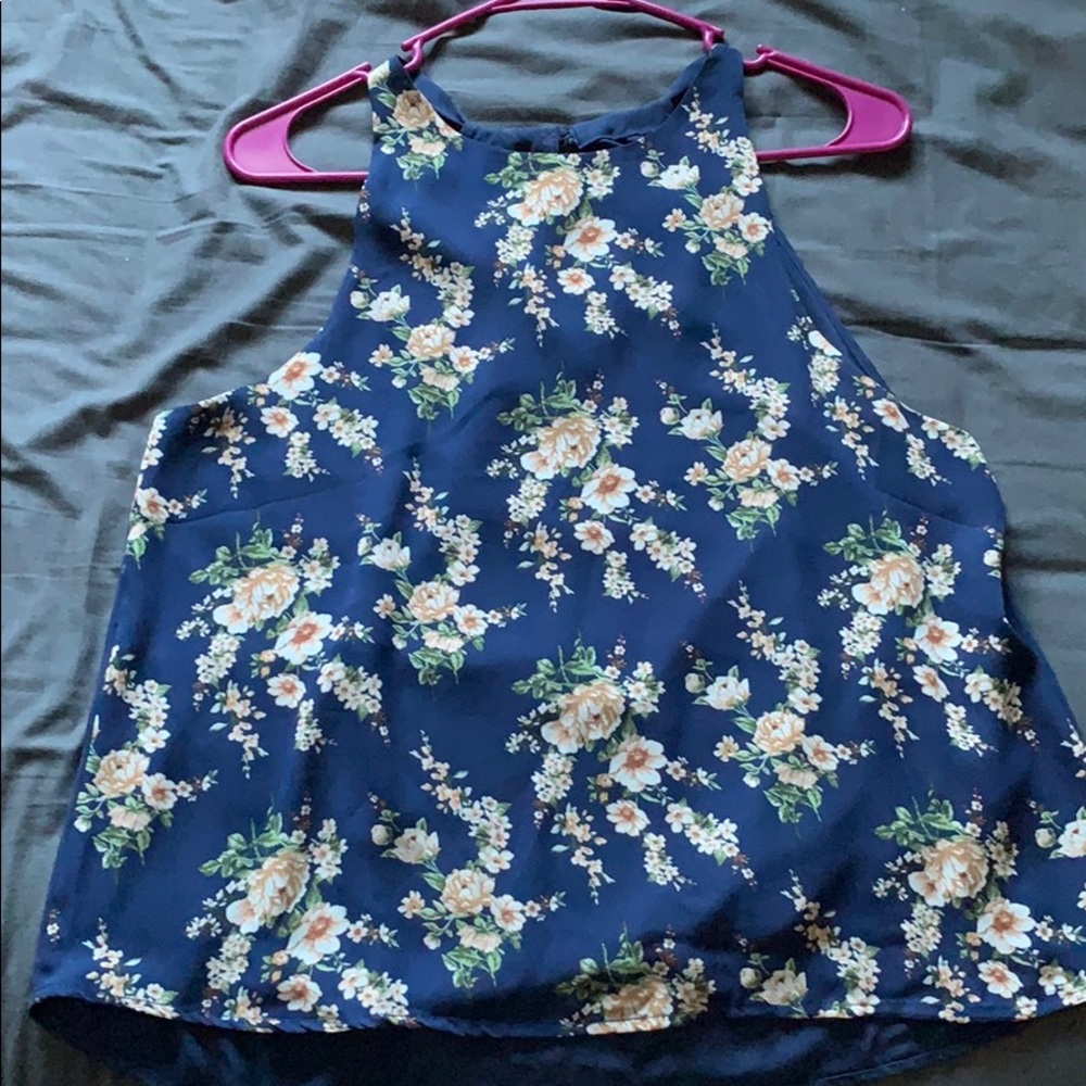 Blue Floral Chiffon High-Low Top